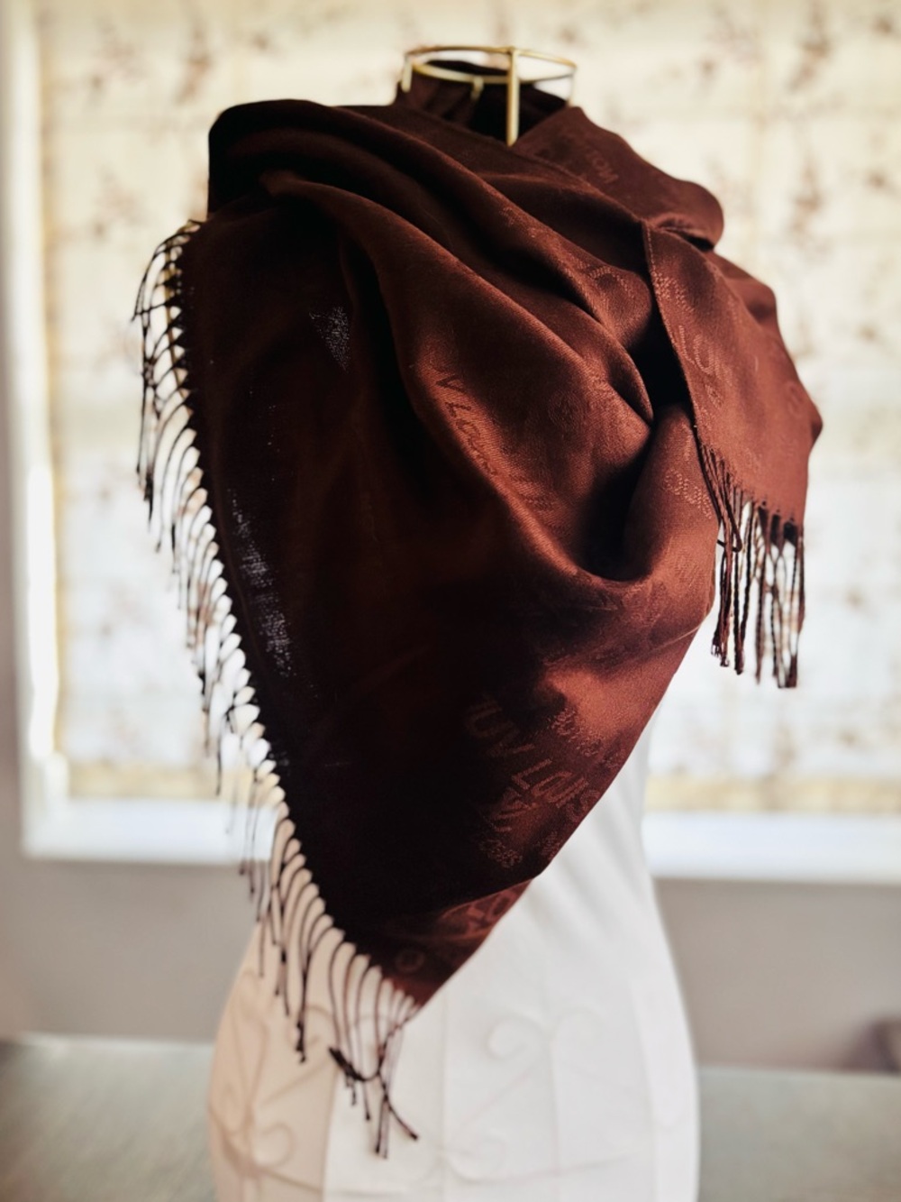 Luxury Monogram Fringe Shawl Wrap Oversized Brown Quiet Luxury
